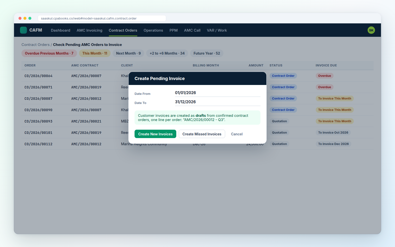 Contract orders and Create Pending Invoice