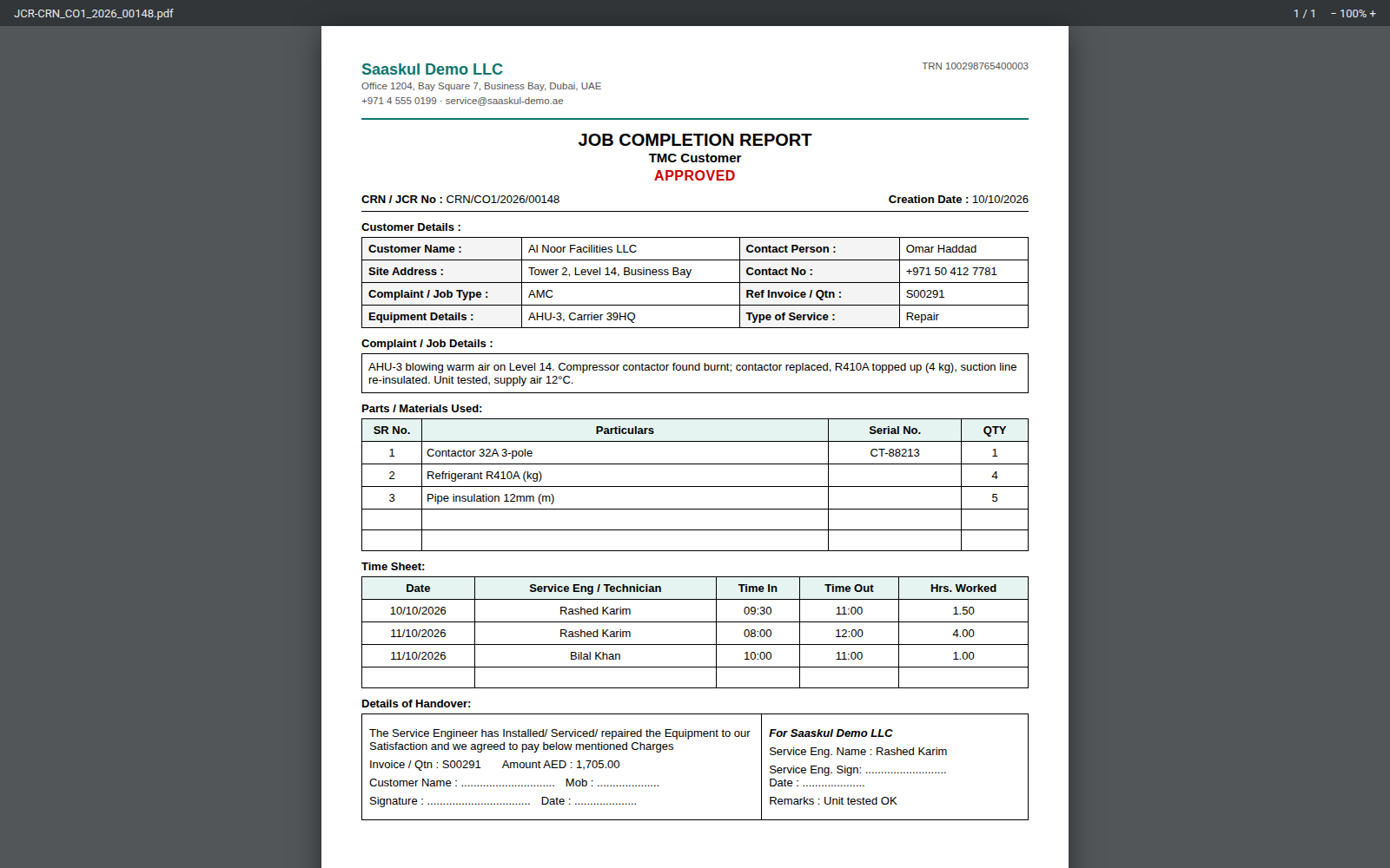 Job completion report